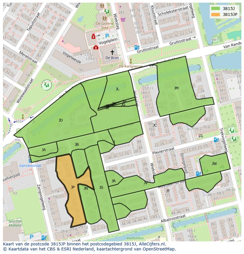 Afbeelding van het postcodegebied 3815 JP op de kaart.
