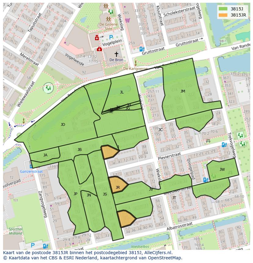 Afbeelding van het postcodegebied 3815 JR op de kaart.