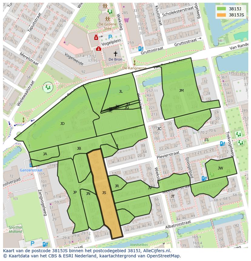 Afbeelding van het postcodegebied 3815 JS op de kaart.
