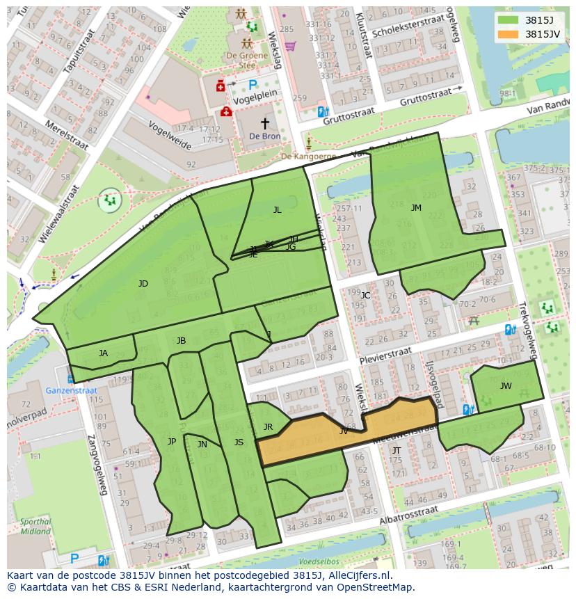 Afbeelding van het postcodegebied 3815 JV op de kaart.