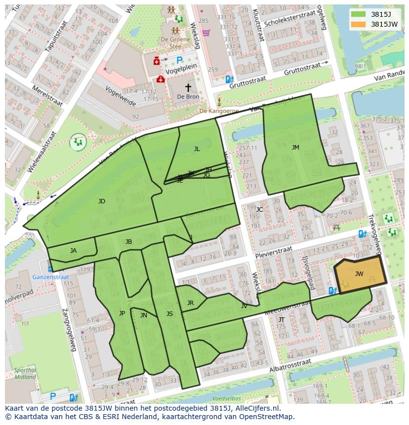 Afbeelding van het postcodegebied 3815 JW op de kaart.