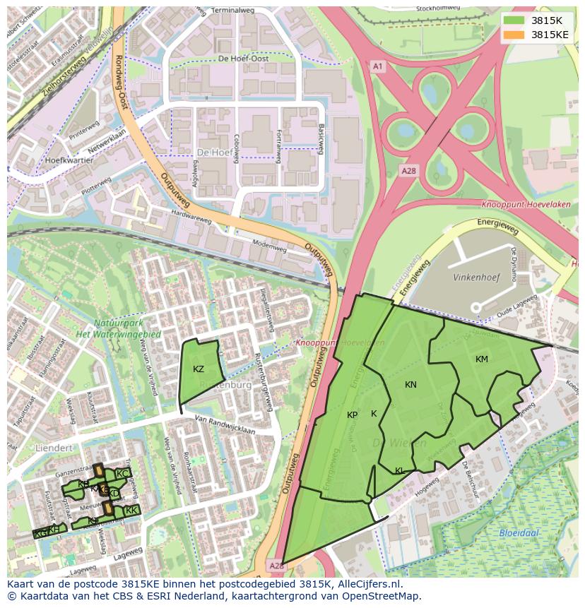 Afbeelding van het postcodegebied 3815 KE op de kaart.