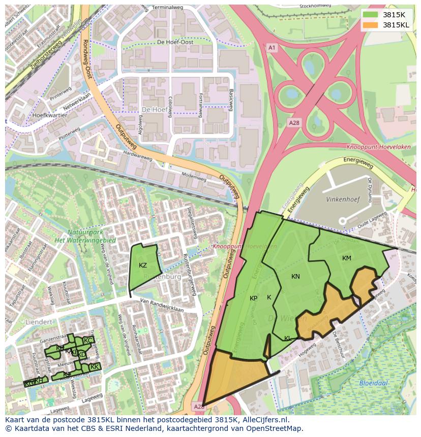 Afbeelding van het postcodegebied 3815 KL op de kaart.