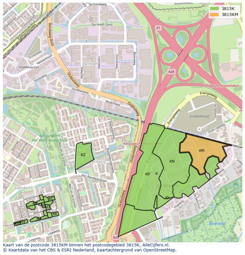Afbeelding van het postcodegebied 3815 KM op de kaart.