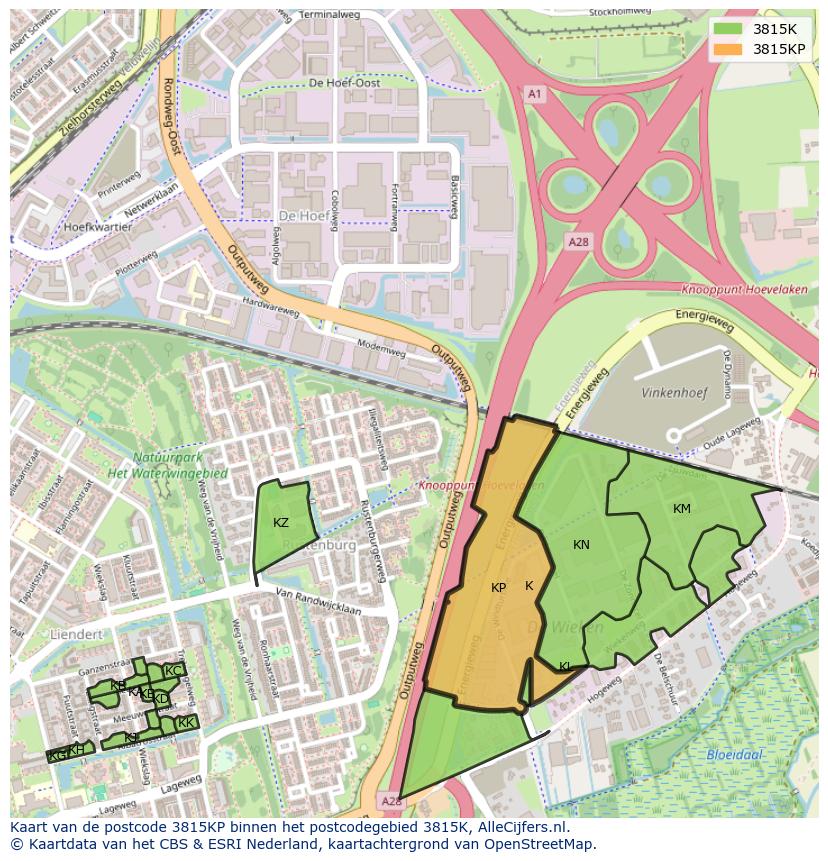 Afbeelding van het postcodegebied 3815 KP op de kaart.