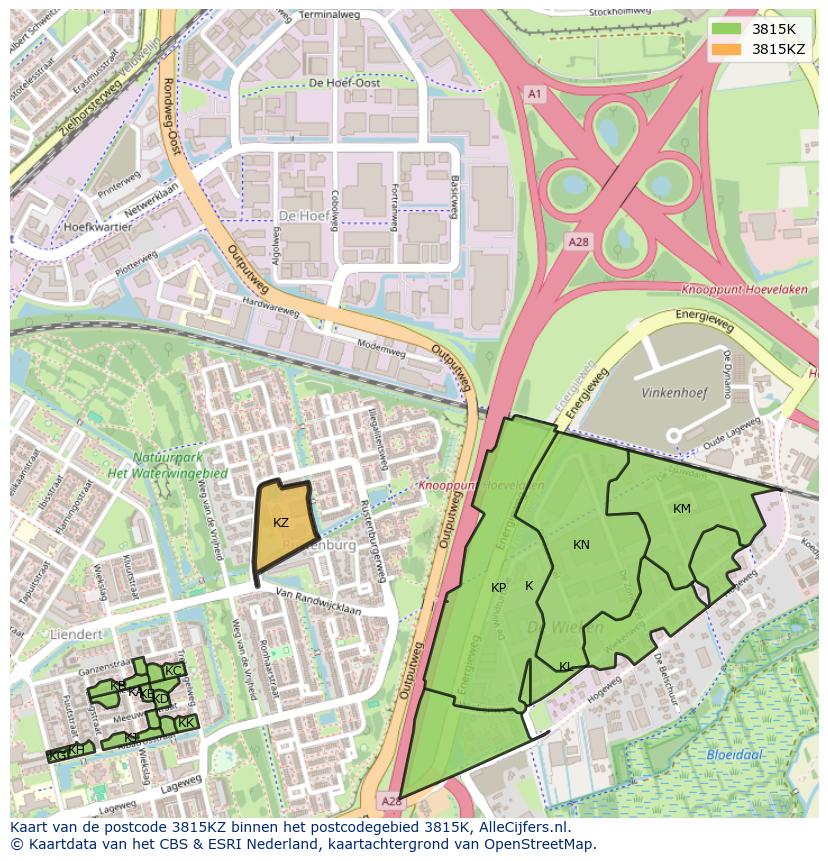 Afbeelding van het postcodegebied 3815 KZ op de kaart.