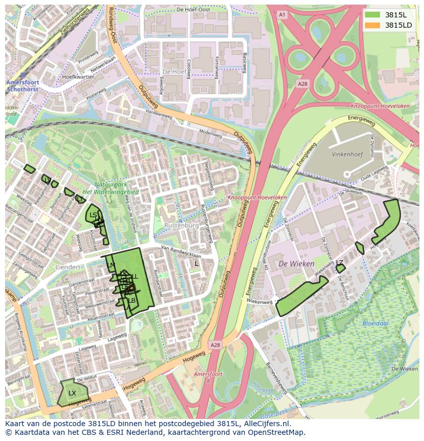 Afbeelding van het postcodegebied 3815 LD op de kaart.
