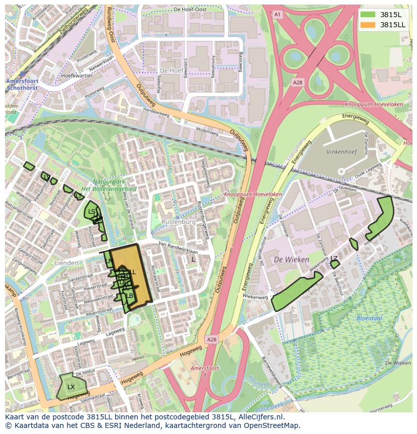 Afbeelding van het postcodegebied 3815 LL op de kaart.