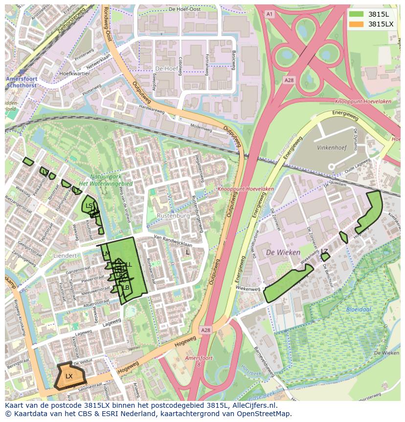 Afbeelding van het postcodegebied 3815 LX op de kaart.