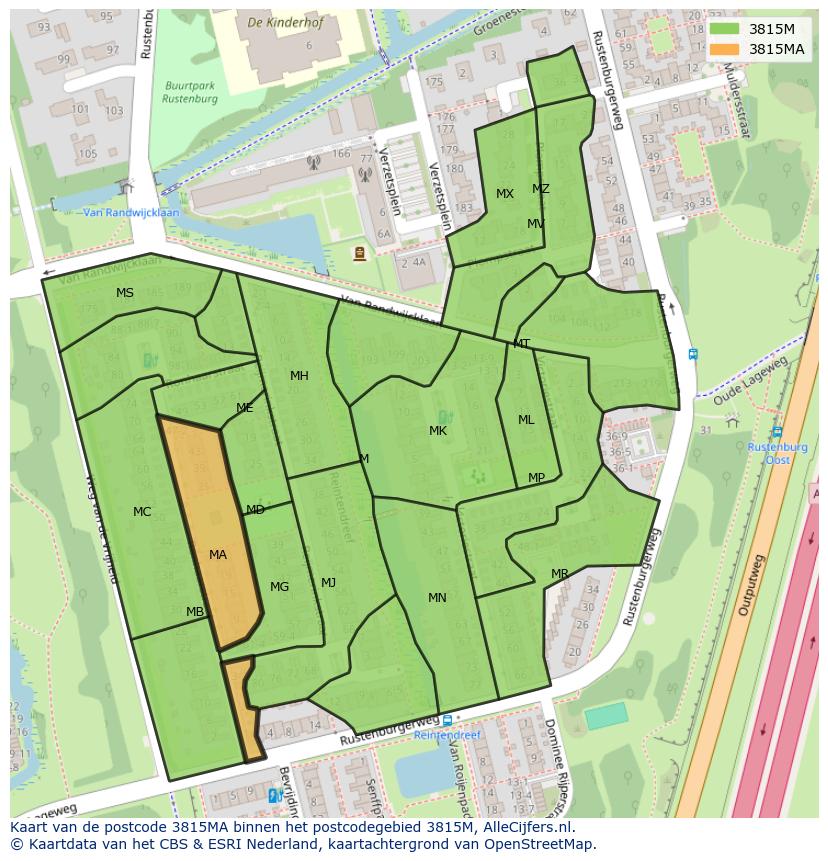 Afbeelding van het postcodegebied 3815 MA op de kaart.