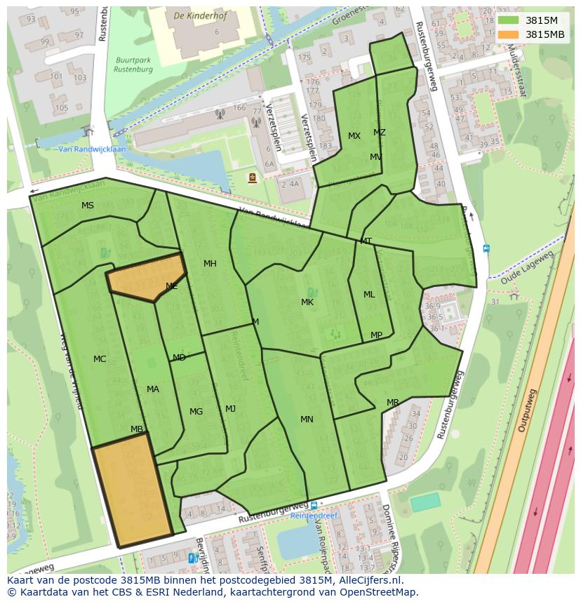 Afbeelding van het postcodegebied 3815 MB op de kaart.