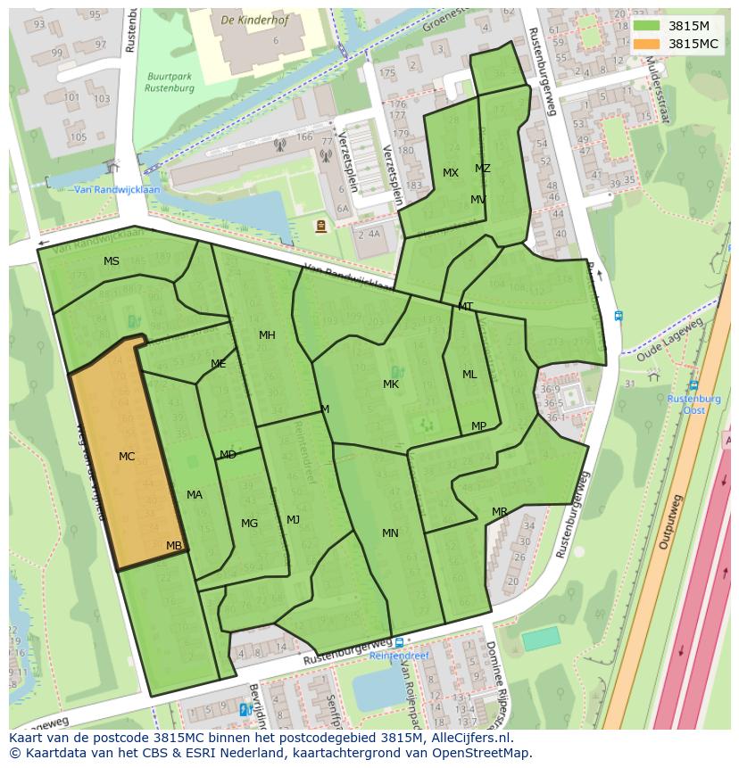 Afbeelding van het postcodegebied 3815 MC op de kaart.