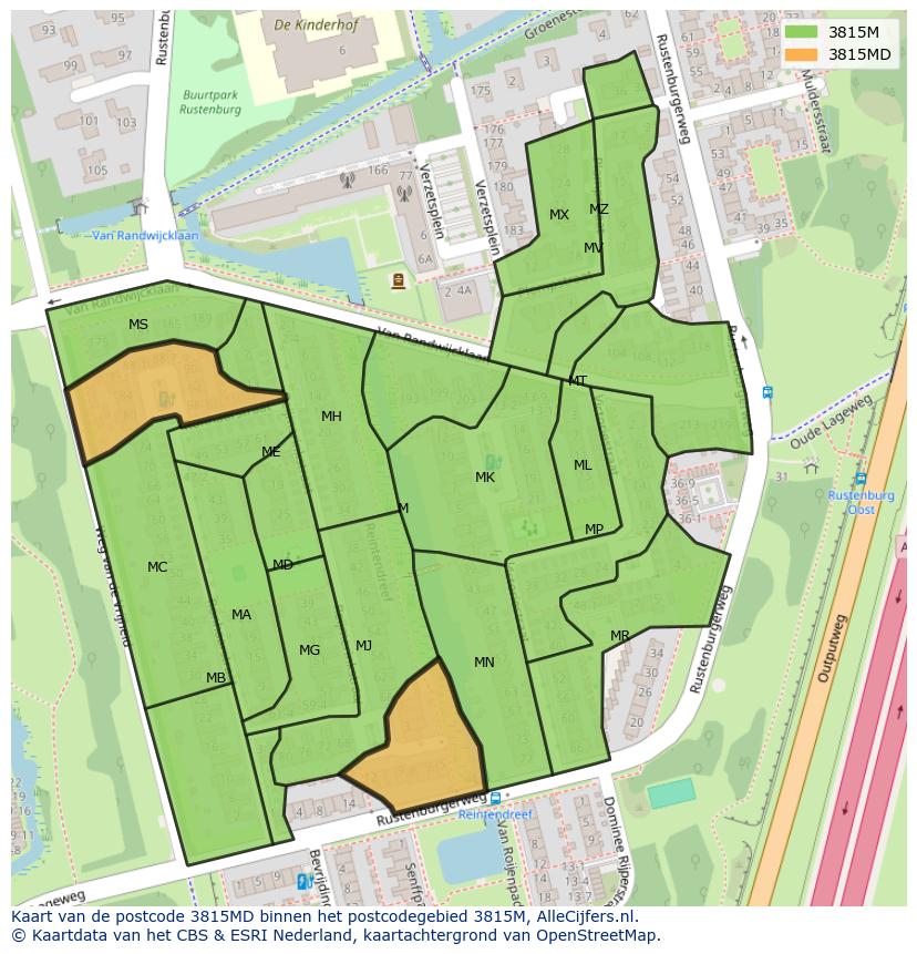 Afbeelding van het postcodegebied 3815 MD op de kaart.