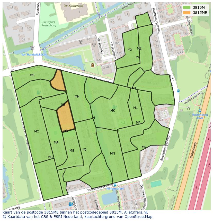 Afbeelding van het postcodegebied 3815 ME op de kaart.