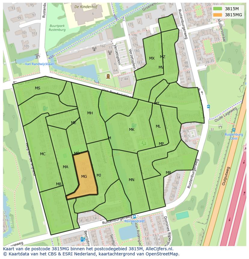 Afbeelding van het postcodegebied 3815 MG op de kaart.