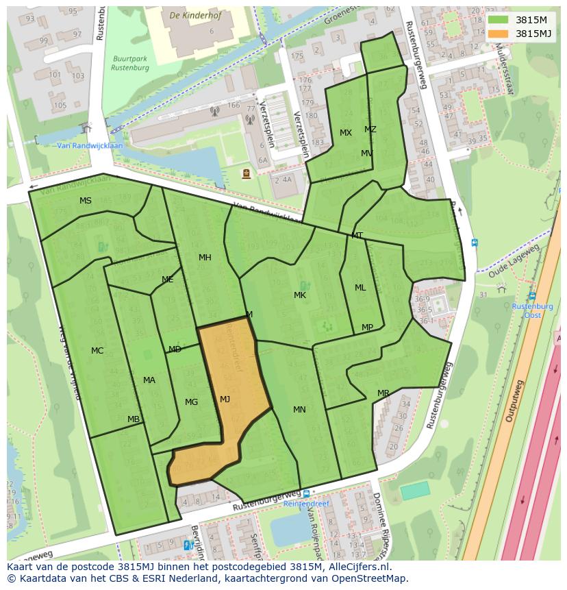 Afbeelding van het postcodegebied 3815 MJ op de kaart.