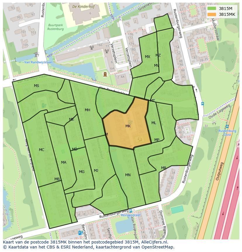 Afbeelding van het postcodegebied 3815 MK op de kaart.