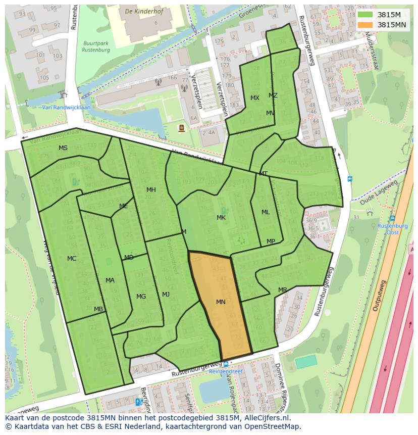 Afbeelding van het postcodegebied 3815 MN op de kaart.