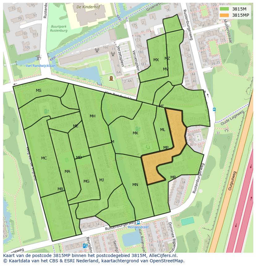 Afbeelding van het postcodegebied 3815 MP op de kaart.