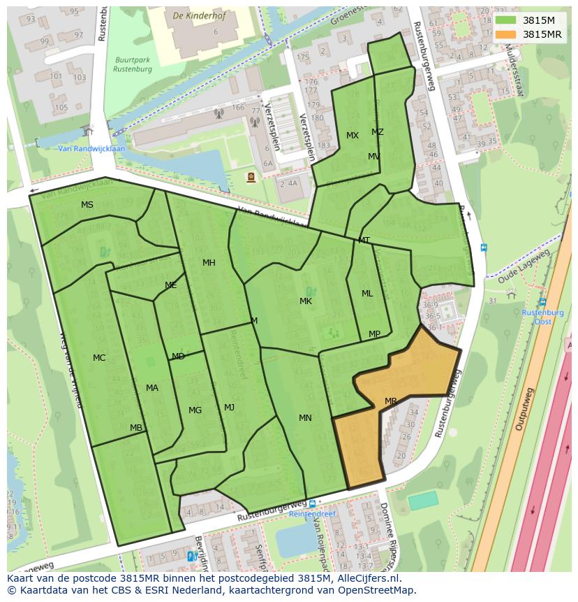 Afbeelding van het postcodegebied 3815 MR op de kaart.
