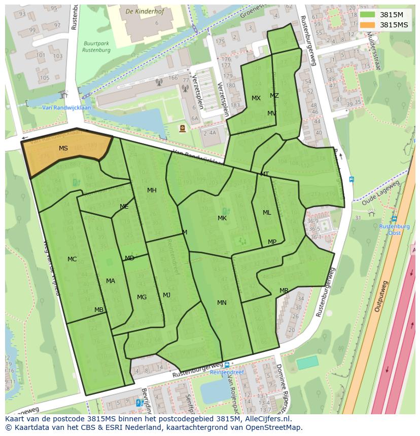 Afbeelding van het postcodegebied 3815 MS op de kaart.
