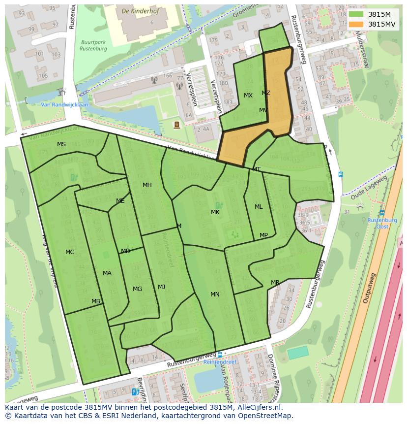 Afbeelding van het postcodegebied 3815 MV op de kaart.
