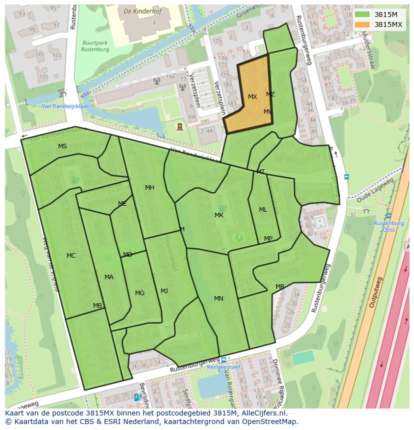 Afbeelding van het postcodegebied 3815 MX op de kaart.