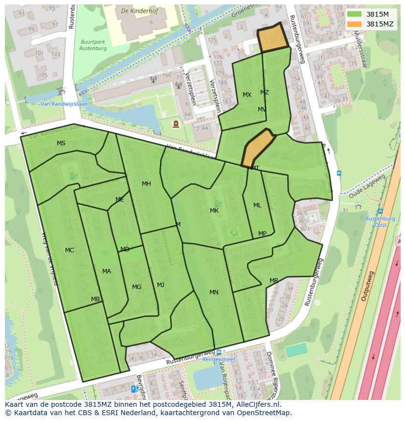 Afbeelding van het postcodegebied 3815 MZ op de kaart.