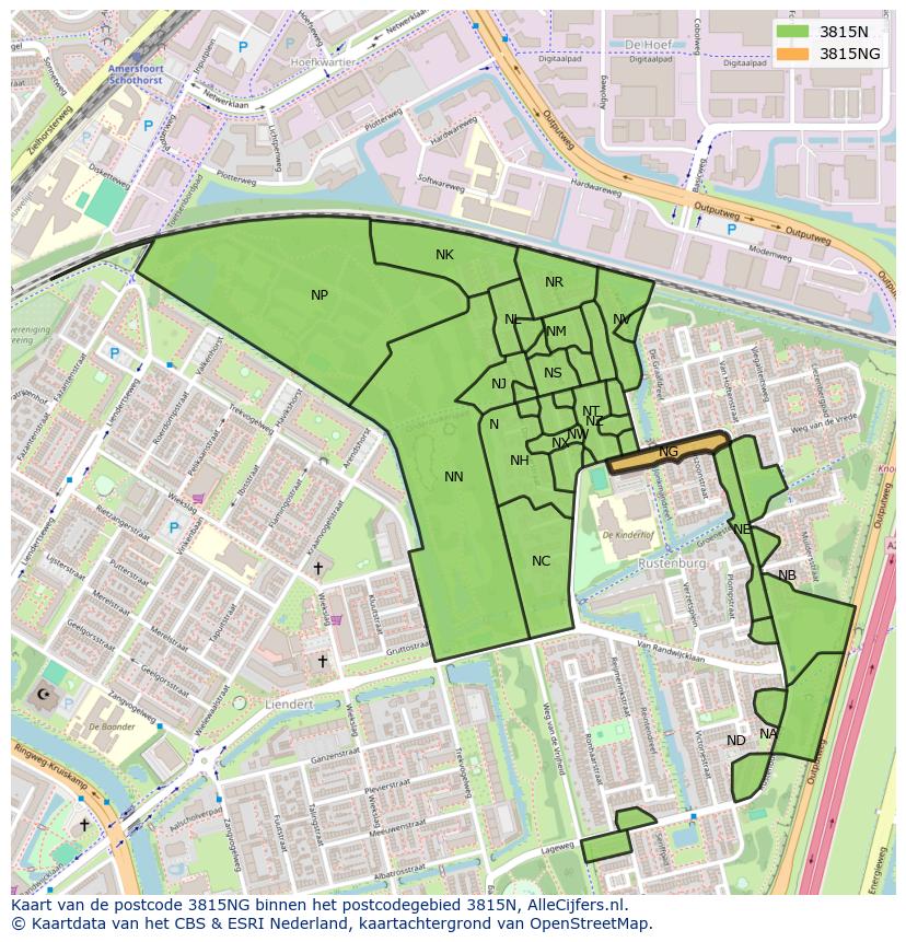 Afbeelding van het postcodegebied 3815 NG op de kaart.