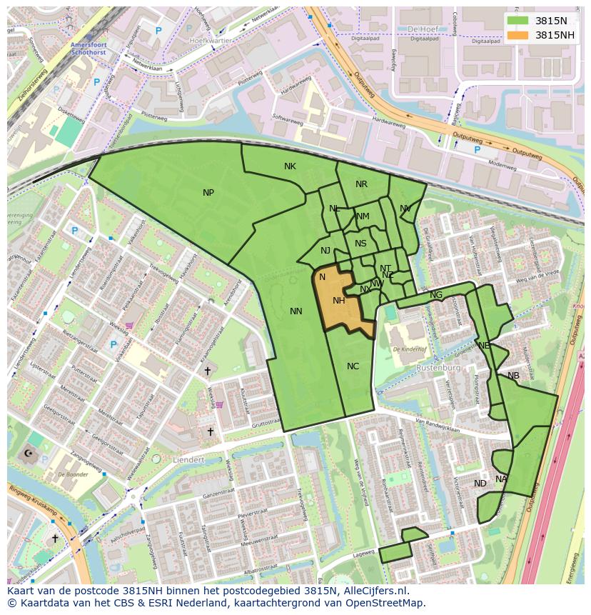 Afbeelding van het postcodegebied 3815 NH op de kaart.
