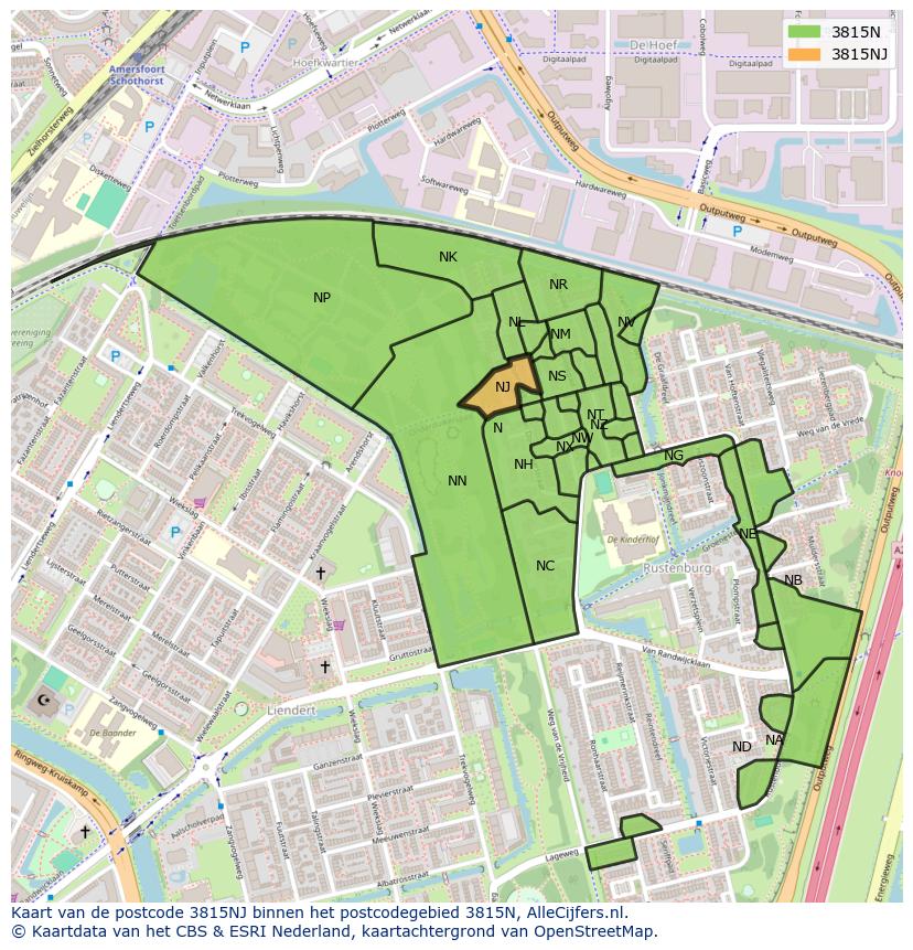 Afbeelding van het postcodegebied 3815 NJ op de kaart.