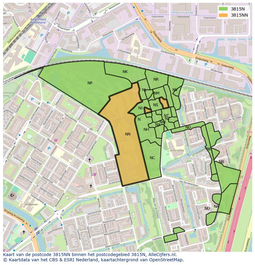 Afbeelding van het postcodegebied 3815 NN op de kaart.