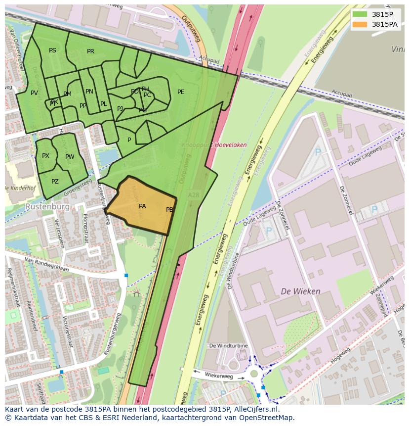 Afbeelding van het postcodegebied 3815 PA op de kaart.