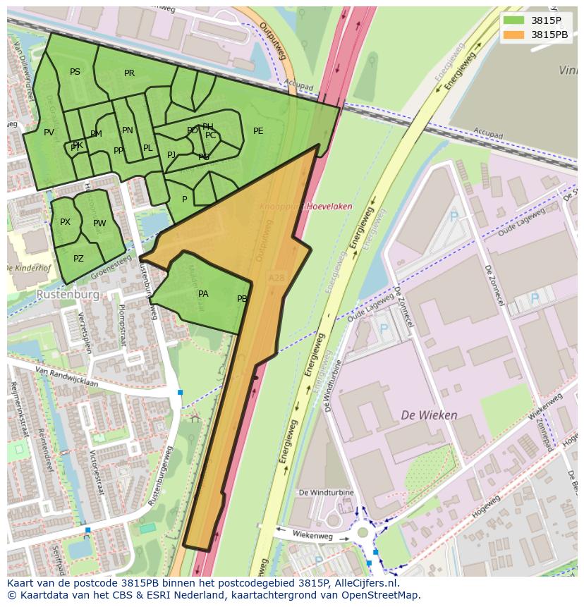 Afbeelding van het postcodegebied 3815 PB op de kaart.