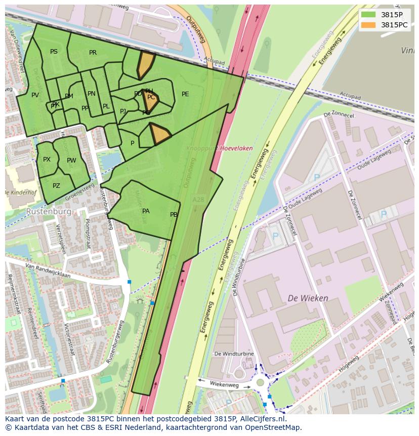 Afbeelding van het postcodegebied 3815 PC op de kaart.