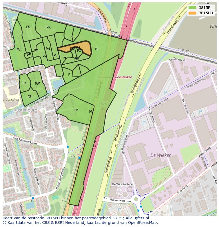 Afbeelding van het postcodegebied 3815 PH op de kaart.