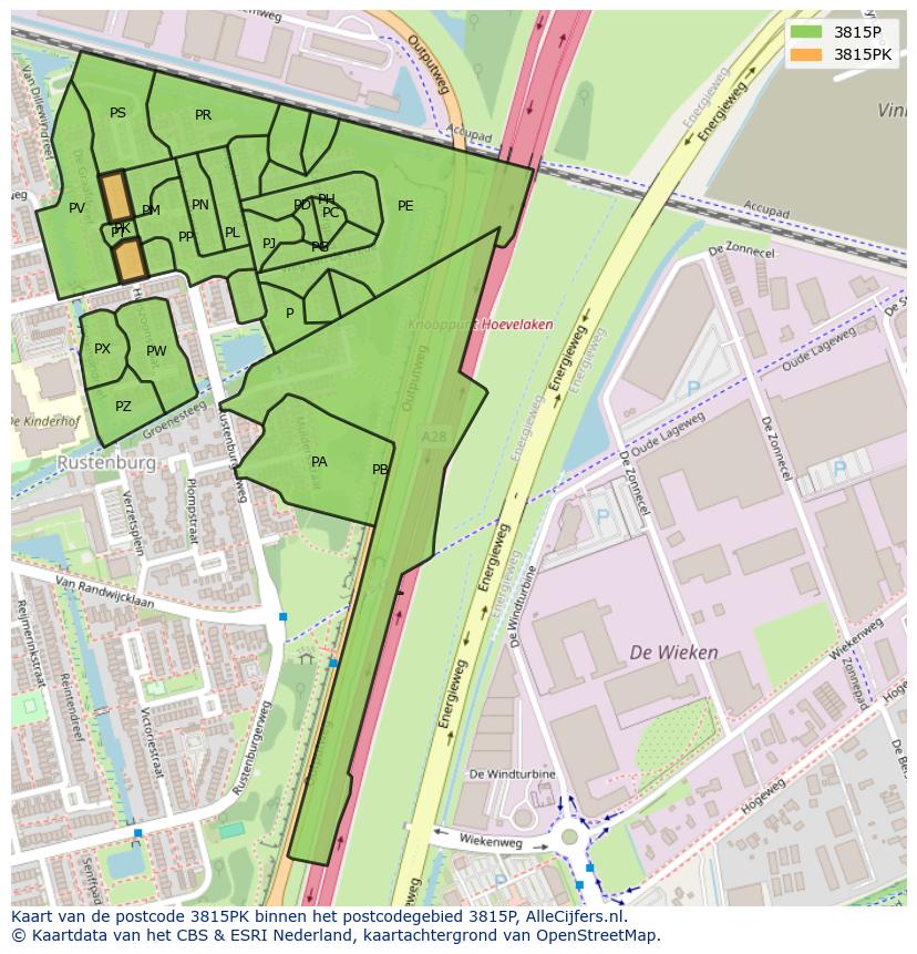 Afbeelding van het postcodegebied 3815 PK op de kaart.