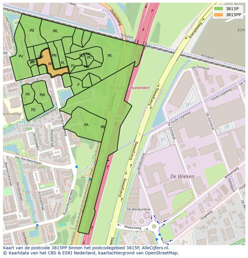 Afbeelding van het postcodegebied 3815 PP op de kaart.