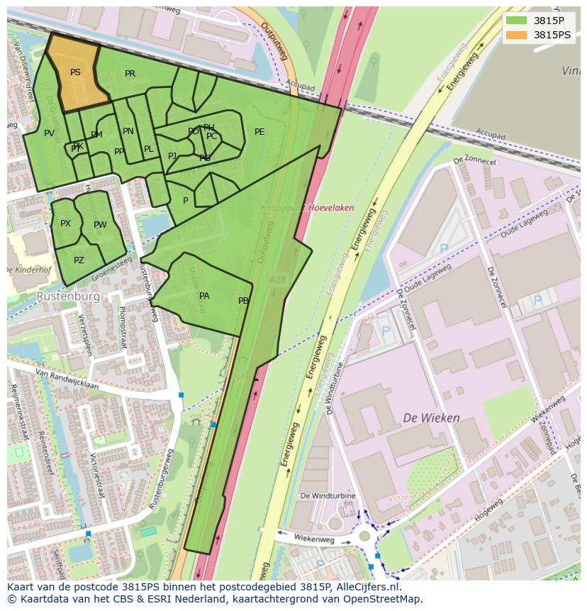 Afbeelding van het postcodegebied 3815 PS op de kaart.