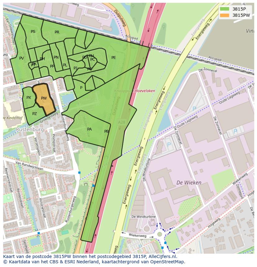 Afbeelding van het postcodegebied 3815 PW op de kaart.