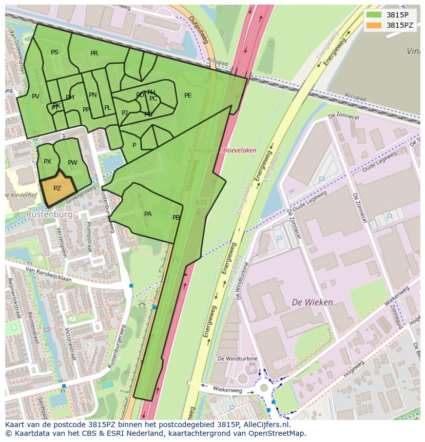 Afbeelding van het postcodegebied 3815 PZ op de kaart.