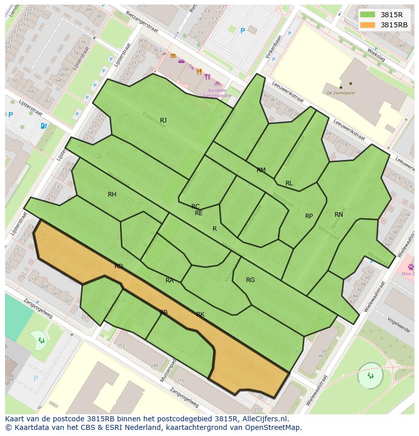 Afbeelding van het postcodegebied 3815 RB op de kaart.