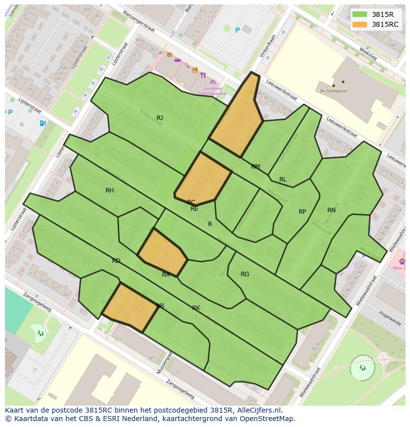 Afbeelding van het postcodegebied 3815 RC op de kaart.