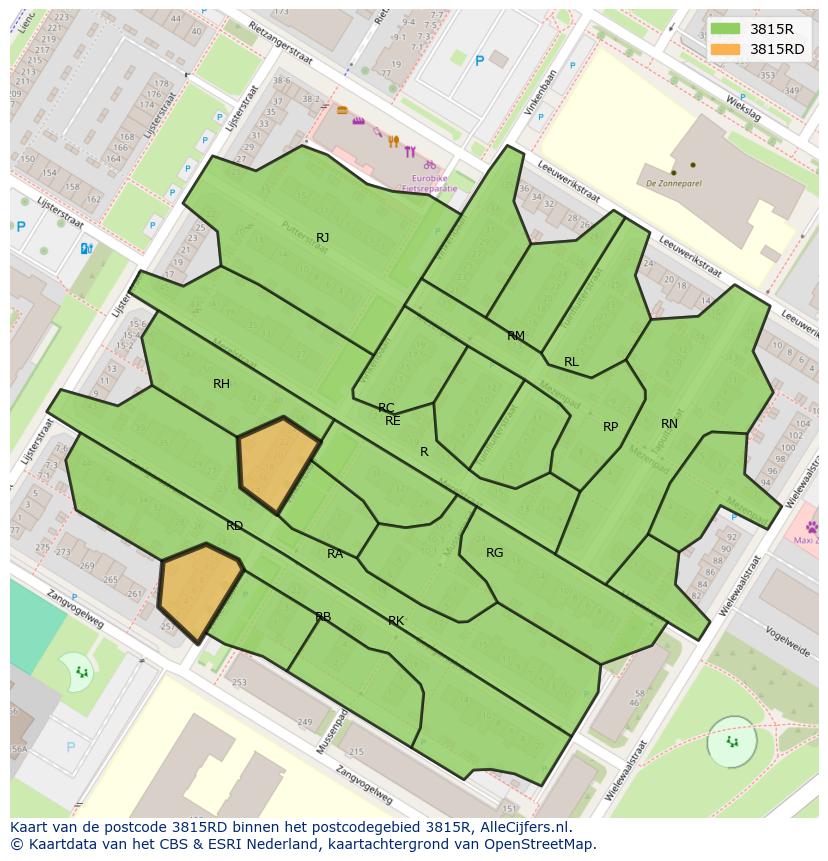 Afbeelding van het postcodegebied 3815 RD op de kaart.