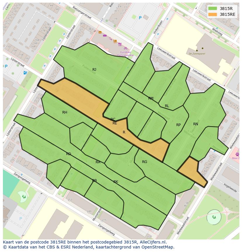 Afbeelding van het postcodegebied 3815 RE op de kaart.