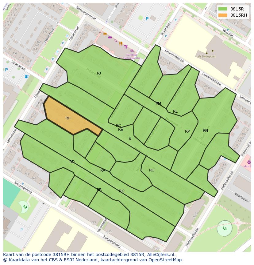 Afbeelding van het postcodegebied 3815 RH op de kaart.