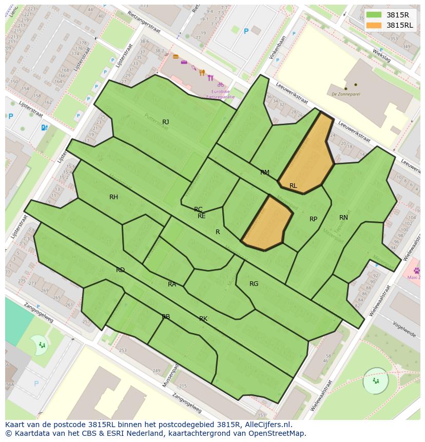 Afbeelding van het postcodegebied 3815 RL op de kaart.