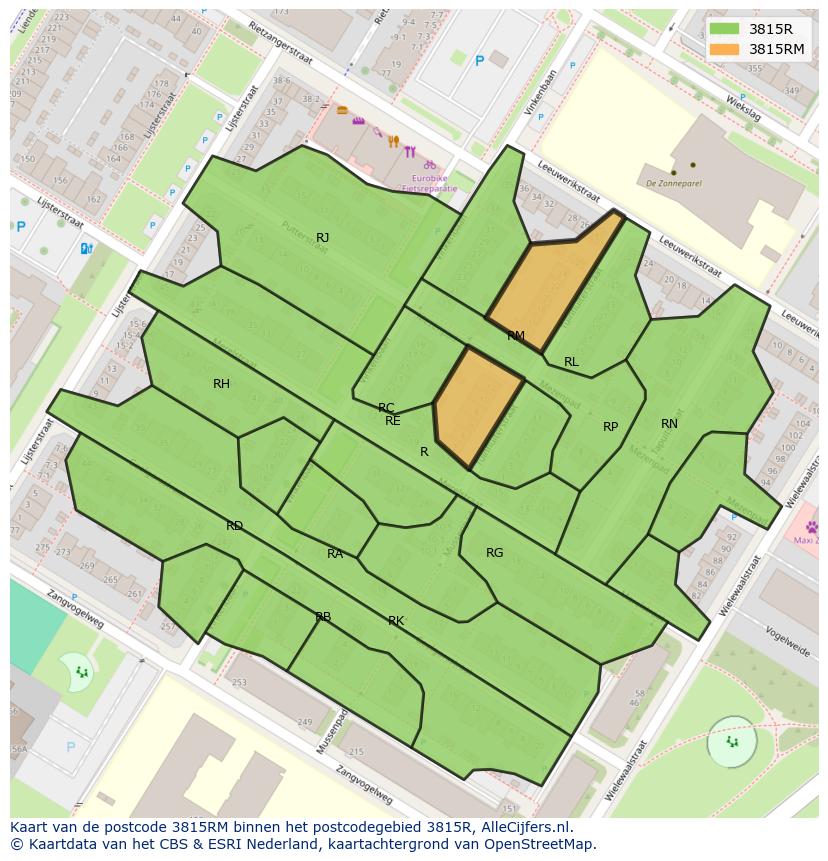 Afbeelding van het postcodegebied 3815 RM op de kaart.