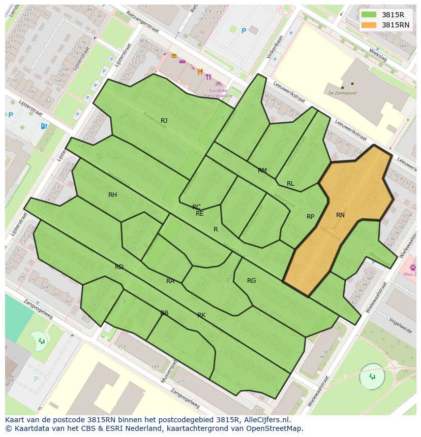 Afbeelding van het postcodegebied 3815 RN op de kaart.