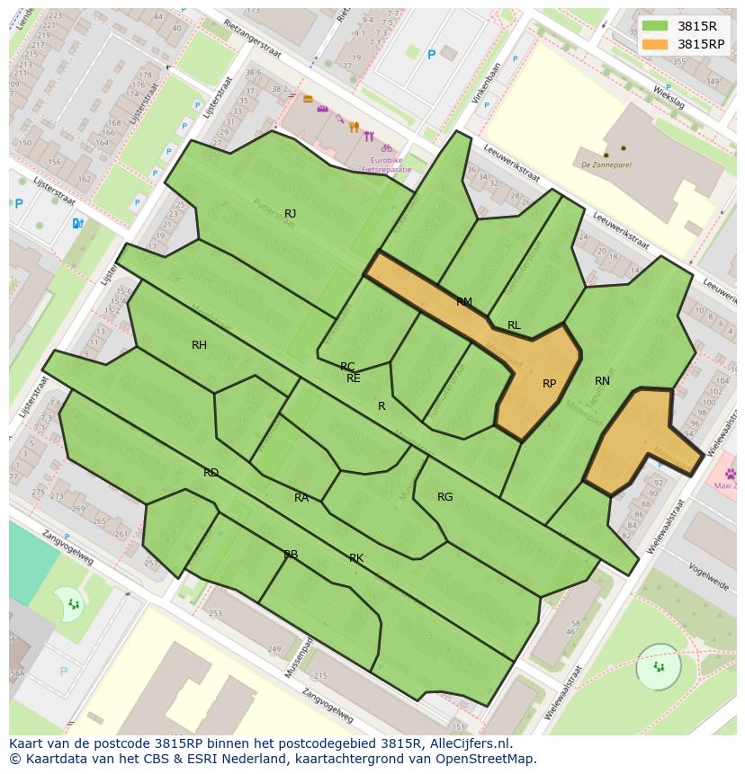 Afbeelding van het postcodegebied 3815 RP op de kaart.